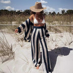 Women's Crocheted Leisure Suit with Wide Stripe Pattern and V-Neck