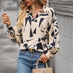 Women's Blouse with Elegant Geometric Design and Puff Sleeves