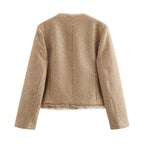 Women's Elegant Cropped Blazer Jacket with Textured Fabric and Gold Buttons