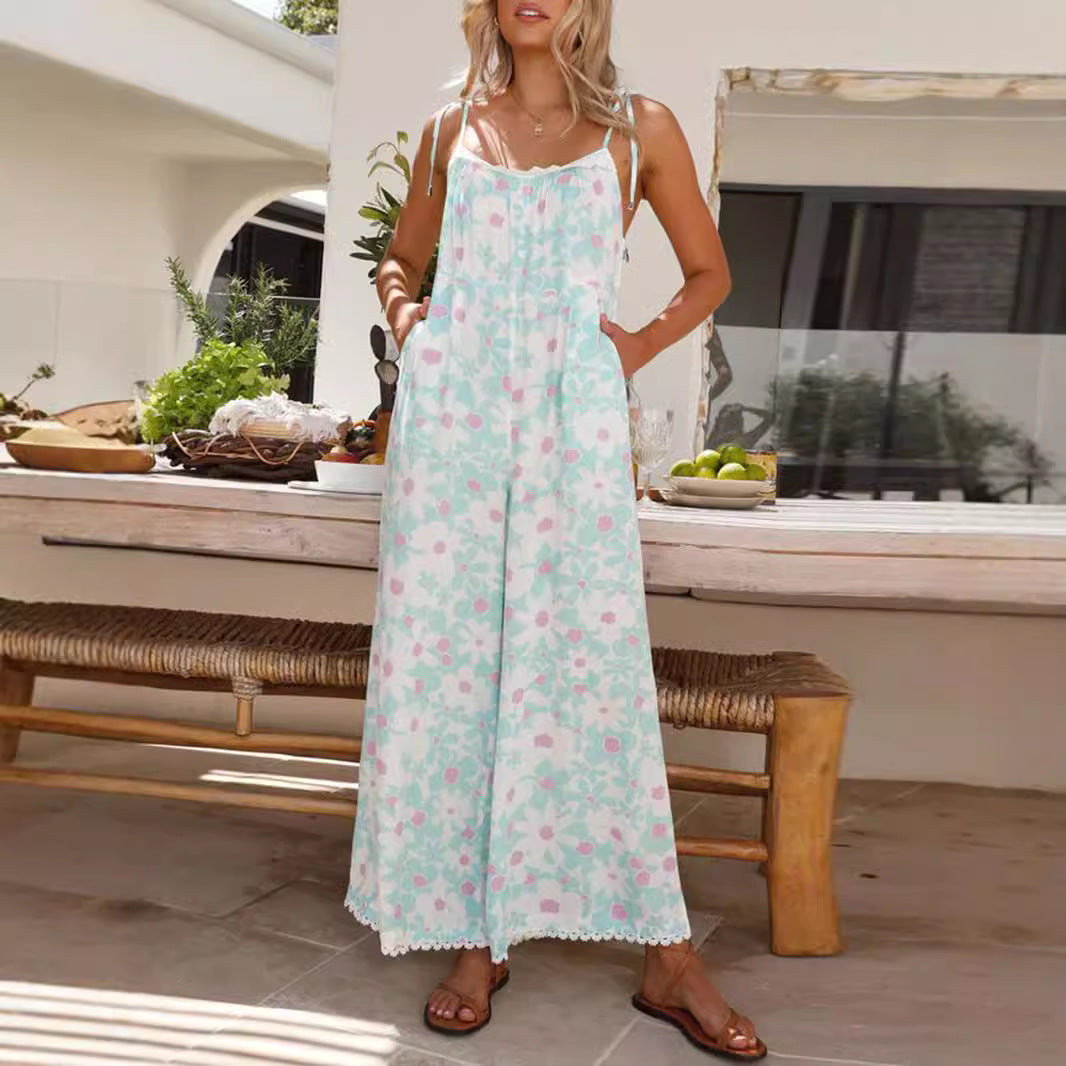 Women's Airy Summer Jumpsuit with Floral Print and Adjustable Straps