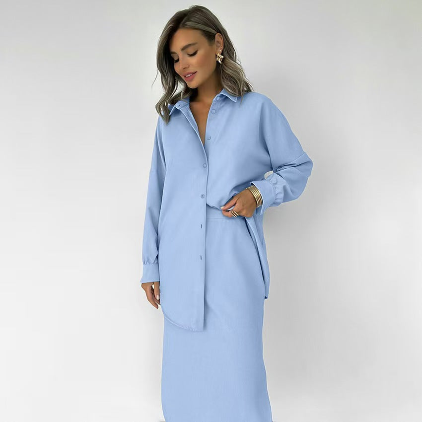 Elegant Long-Sleeve Shirt with Matching Maxi Skirt
