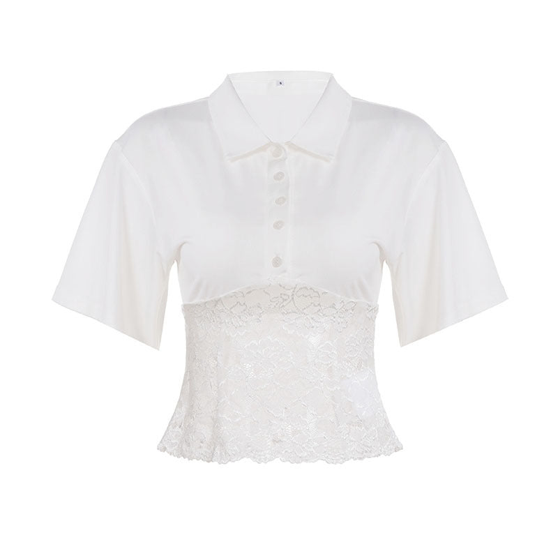 Women's Elegant Short-Sleeve Shirt with Lace Trim