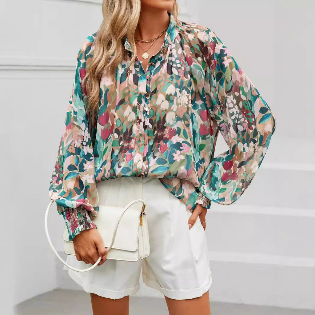 Women's Blouse with Artistic Print and Gathered Sleeves