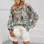 Women's Blouse with Artistic Print and Gathered Sleeves