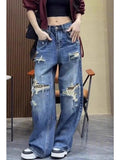 Women's Baggy Jeans with Distressed Details and High Waist