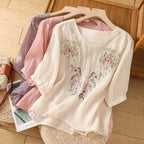 Women's Blouse Shirt with Floral Embroidery and Button-Up Neckline