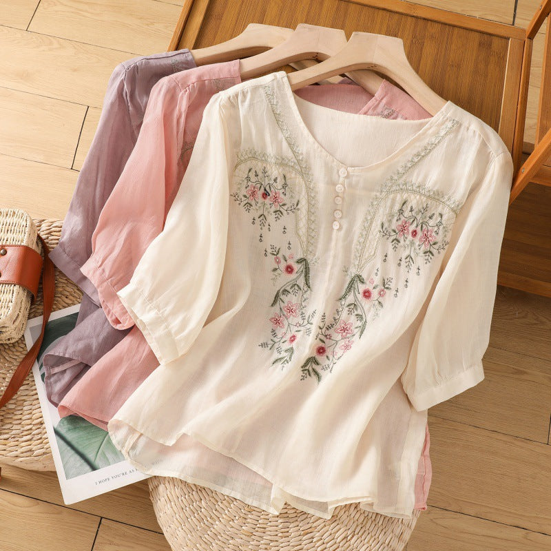 Women's Blouse Shirt with Floral Embroidery and Button-Up Neckline