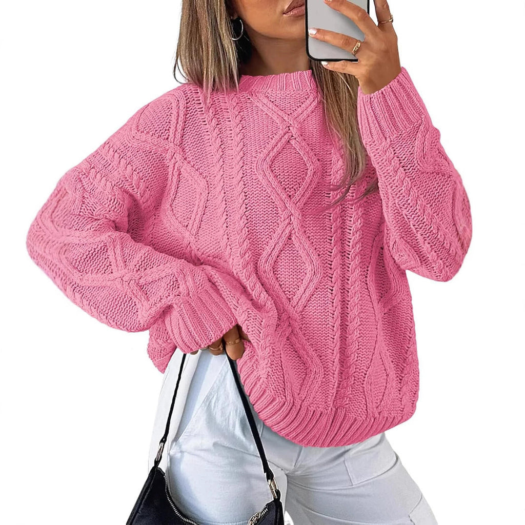 Women's Chunky Knit Sweater with Wave Pattern and Wide Cut