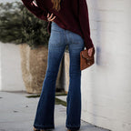 Women's High-Waisted Flared Jeans with Frayed Hem