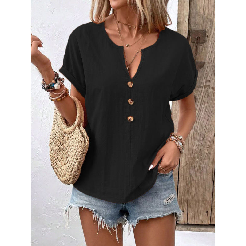 Women's Casual Button-Down Blouse with Round Neck
