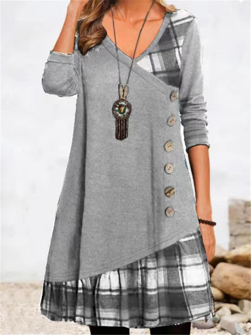 Women's Asymmetrical Casual Dress with Plaid Hem and Button Detail