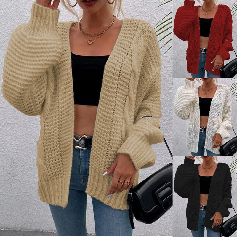 Women's Chunky Knit Cardigan with Open Pockets and Oversized Fit