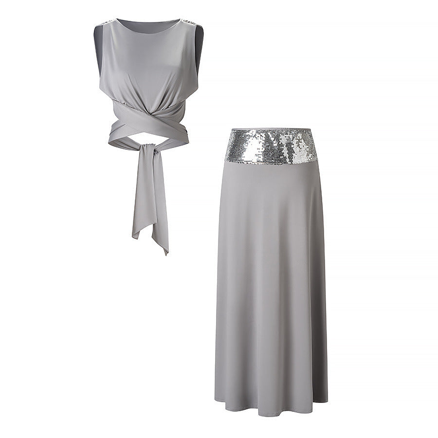 Women's Elegant Wrap Top and Maxi Skirt with Sequin Waistband