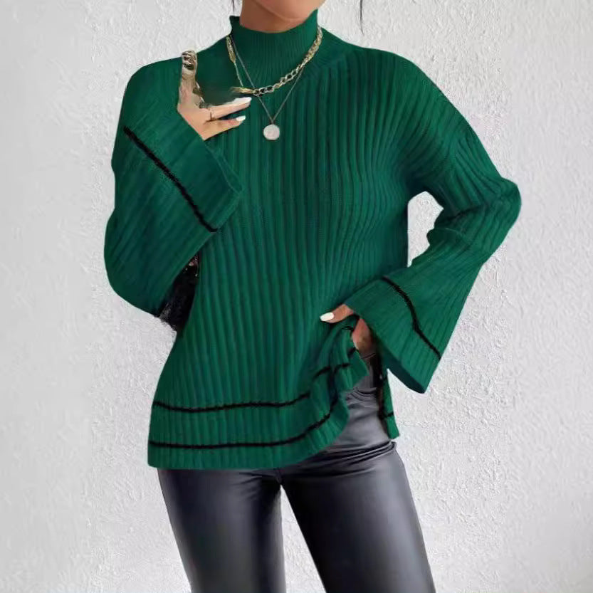 Women's Elegant Knit Sweater with High Collar and Wide Cuffs