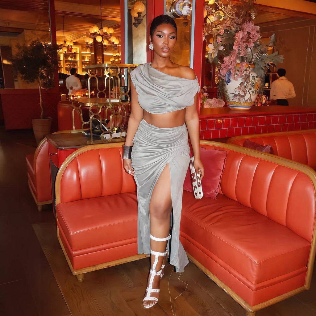 Women's Elegant Two-Piece Set with Asymmetric Top and Ruched Skirt