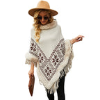 Women's Elegant Poncho with Decorative Fringe Design and Faux Fur Trim