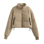 Women's Cropped Puffer Jacket with High Collar and Zipper Pockets
