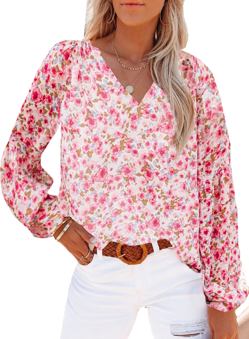 Women's Floral Blouse with V-Neck