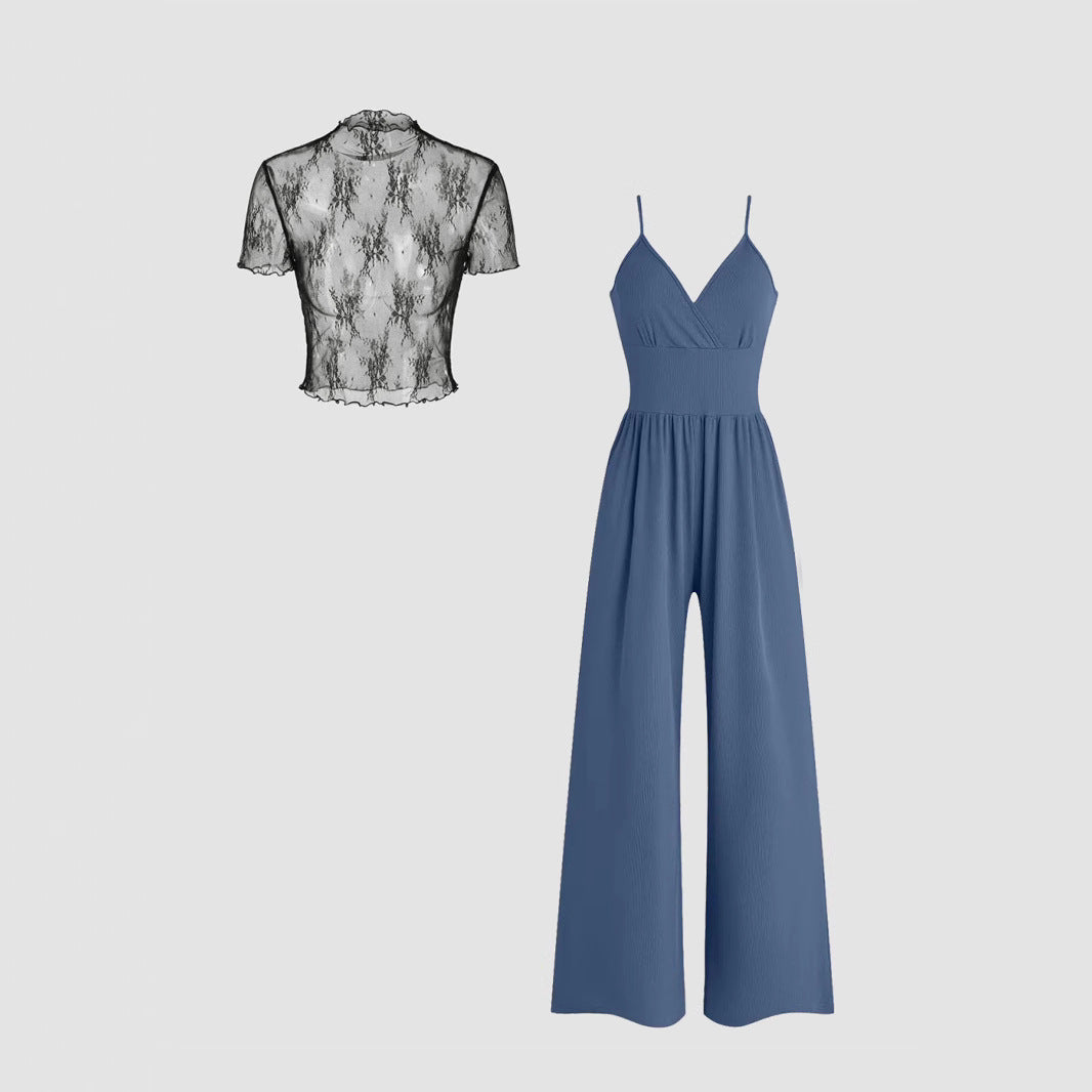 Women's Elegant V-Neck Jumpsuit with Sheer Blouse