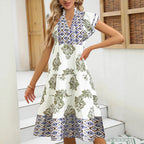 Women's Casual Blouse Dress with Floral Pattern and Modern V-Neck