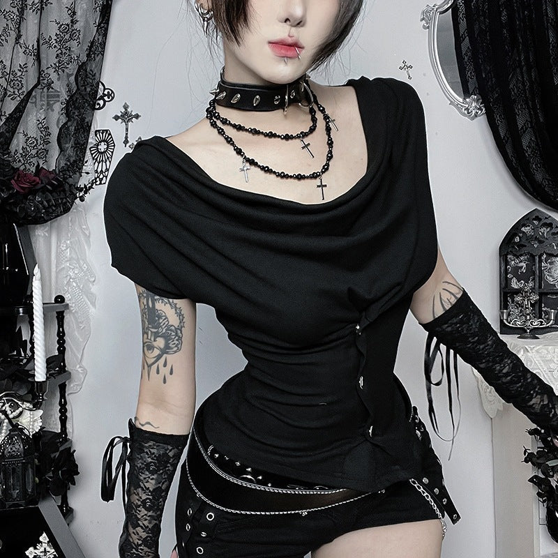 Women's Fitted Draped Shirt with Button Detail and Asymmetric Hem
