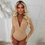 Women's Bodysuit with Deep V-Neck and Slim Belt