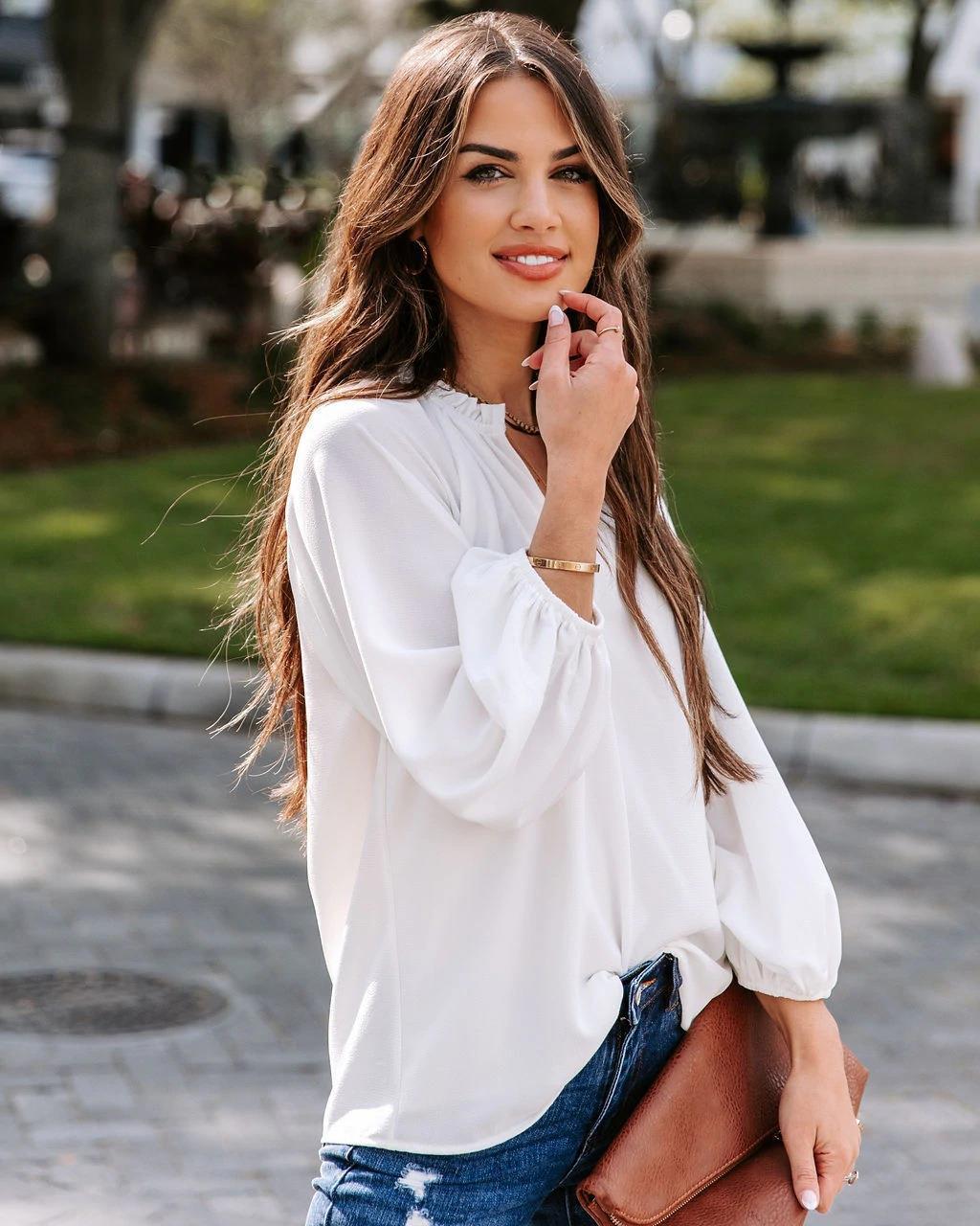 Women's Blouse with V-Neck and Puff Sleeves
