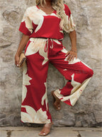 Women's Airy Two-Piece Set with Floral Design and Wide Cut