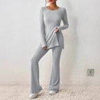 Women's Fine Ribbed Lounge Set with Long Sleeves and Flared Legs