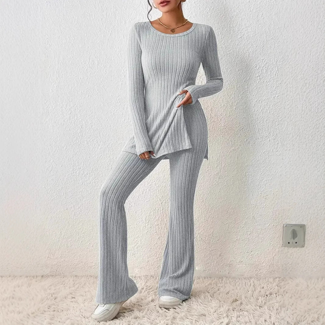 Women's Fine Ribbed Lounge Set with Long Sleeves and Flared Legs