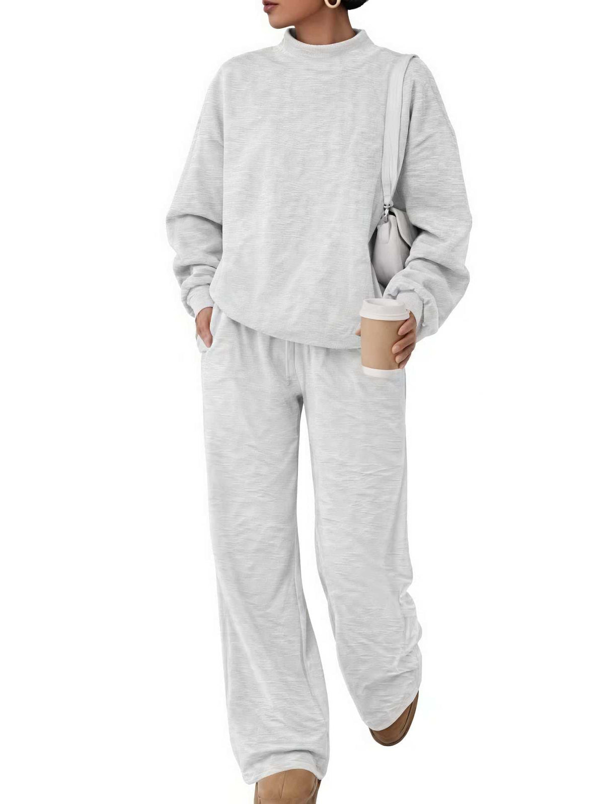 Women's Casual Lounge Set with High Stand-Up Collar and Loose Sweatpants