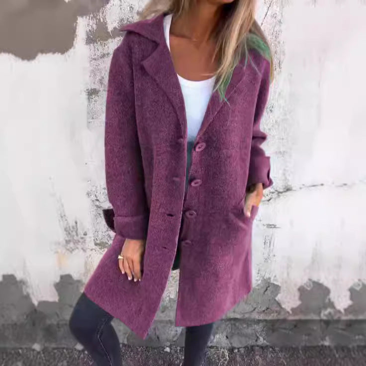 Women's Elegant Oversized Wool Coat with Full Button Placket and Practical Pockets