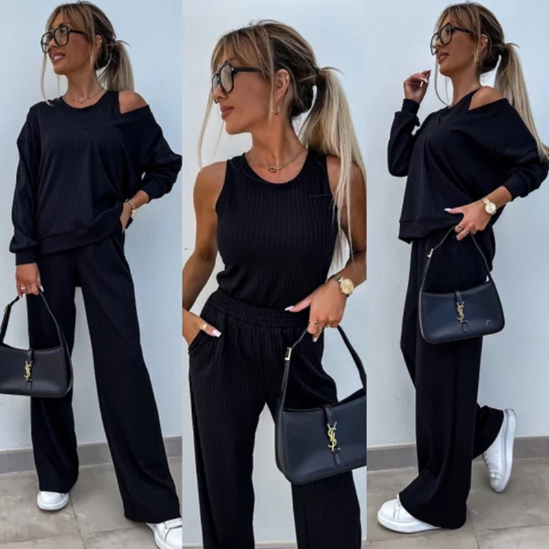 Women's Elegant Ribbed Knit Two-Piece Lounge Set with One-Shoulder Cut and Wide Palazzo Trousers