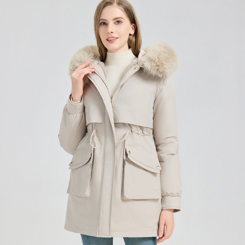 Women's Fashionable Puffer Jacket with Detachable Faux Fur Collar and Functional Pockets