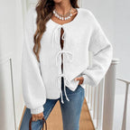 Women's Cozy Knit Sweater with Decorative Lace-Up Detail and Wide Sleeves