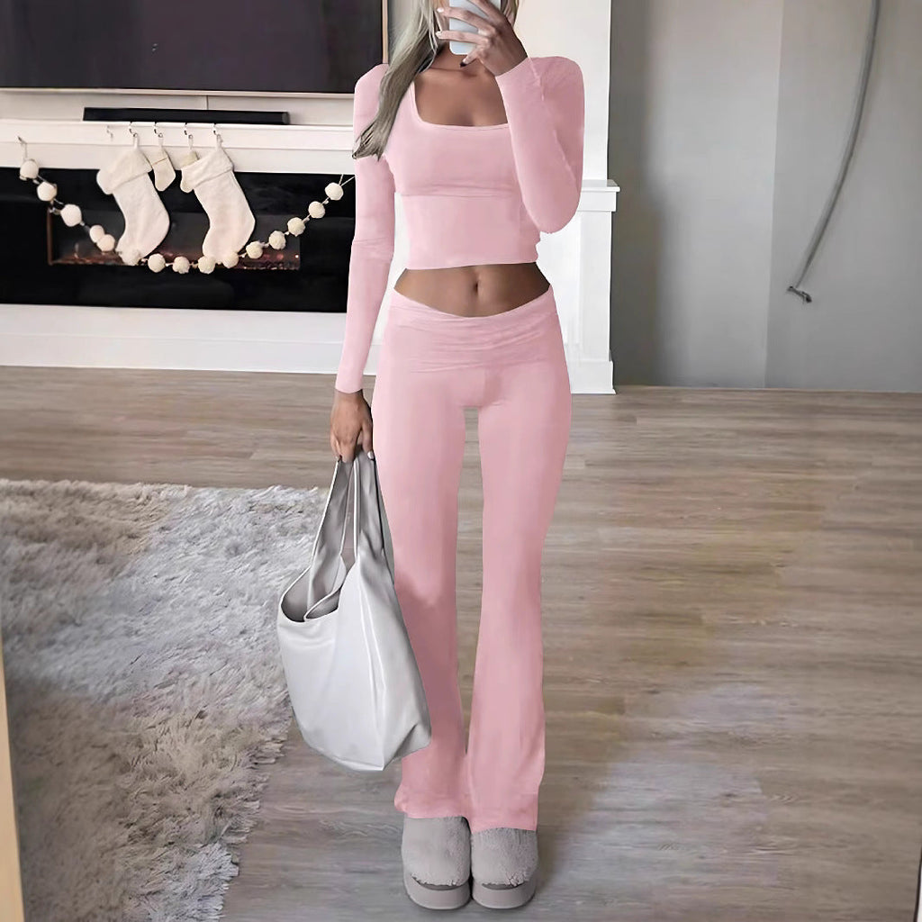 Women's Casual Long-Sleeve Lounge Set with Flared Pants