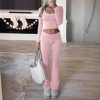 Women's Casual Long-Sleeve Lounge Set with Flared Pants