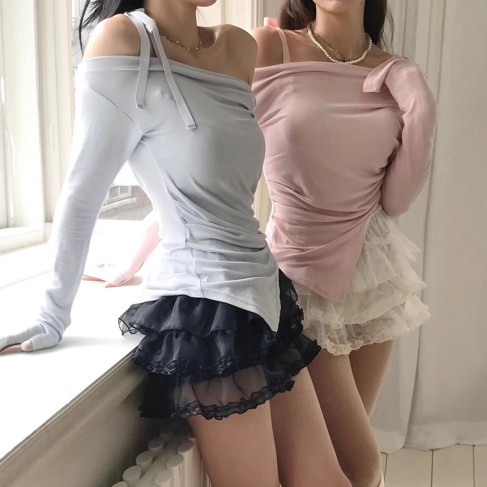 Women's Asymmetrical Long-Sleeve Top with Decorative Bow