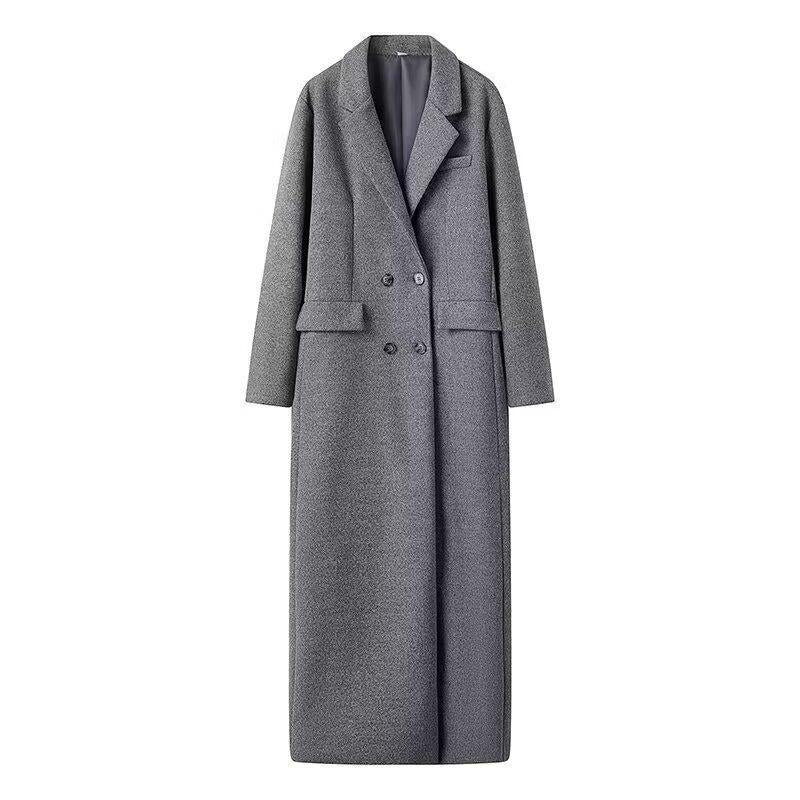 Women's Elegant Long-Sleeve Wool Coat with Double-Breasted Closure and Pockets