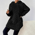 Women's Fluffy Hooded Sweater with Cable Knit Design