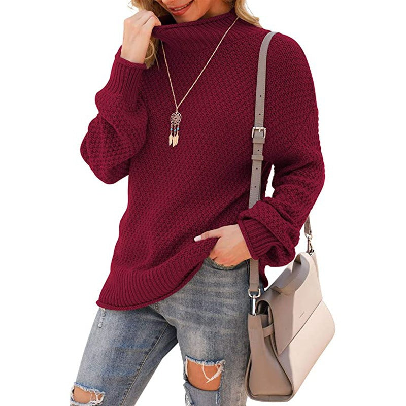 Women's Chunky Knit Sweater with High Collar and Textured Surface