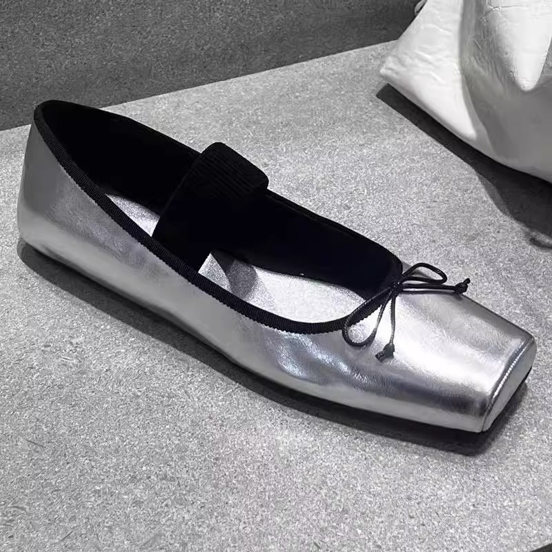 Women's Ballet Flats with Elastic Strap and Square Toe