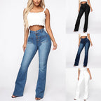 Women's High-Waisted Flared Jeans with Decorative Buttons