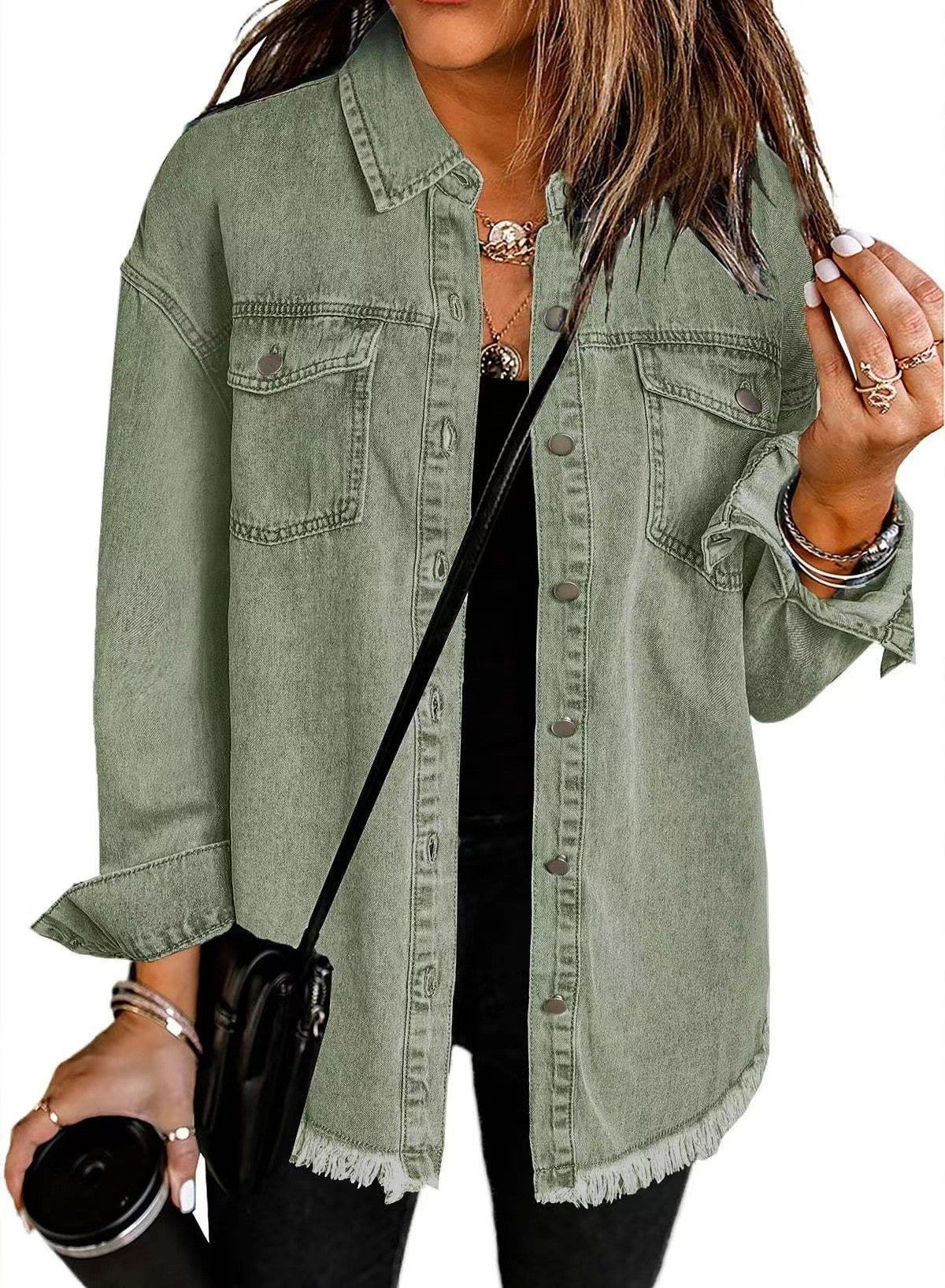 Women's Denim Overshirt with Frayed Hem