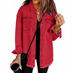 Casual Denim Shirt with Frayed Hems and Chest Pockets