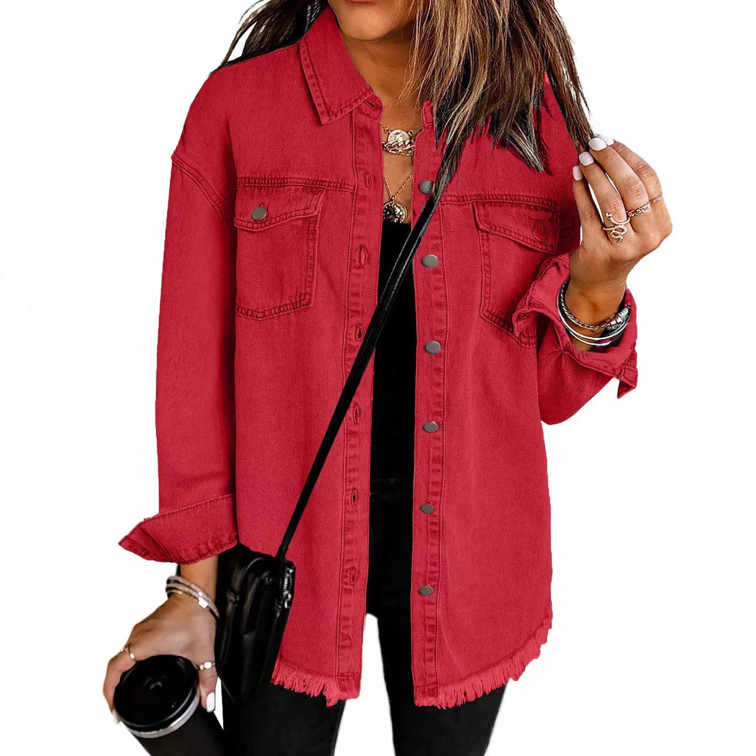 Casual Denim Shirt with Frayed Hems and Chest Pockets