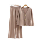 Women's Elegant Knit Loungewear Set with Wide Legs and Decorative Buttons