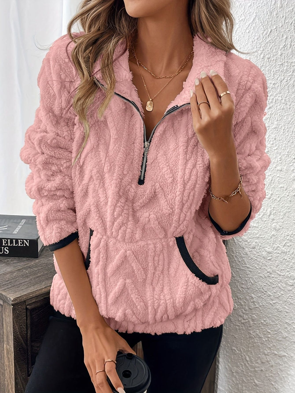 Women's Fluffy Teddy Sweater with High Collar and Pockets