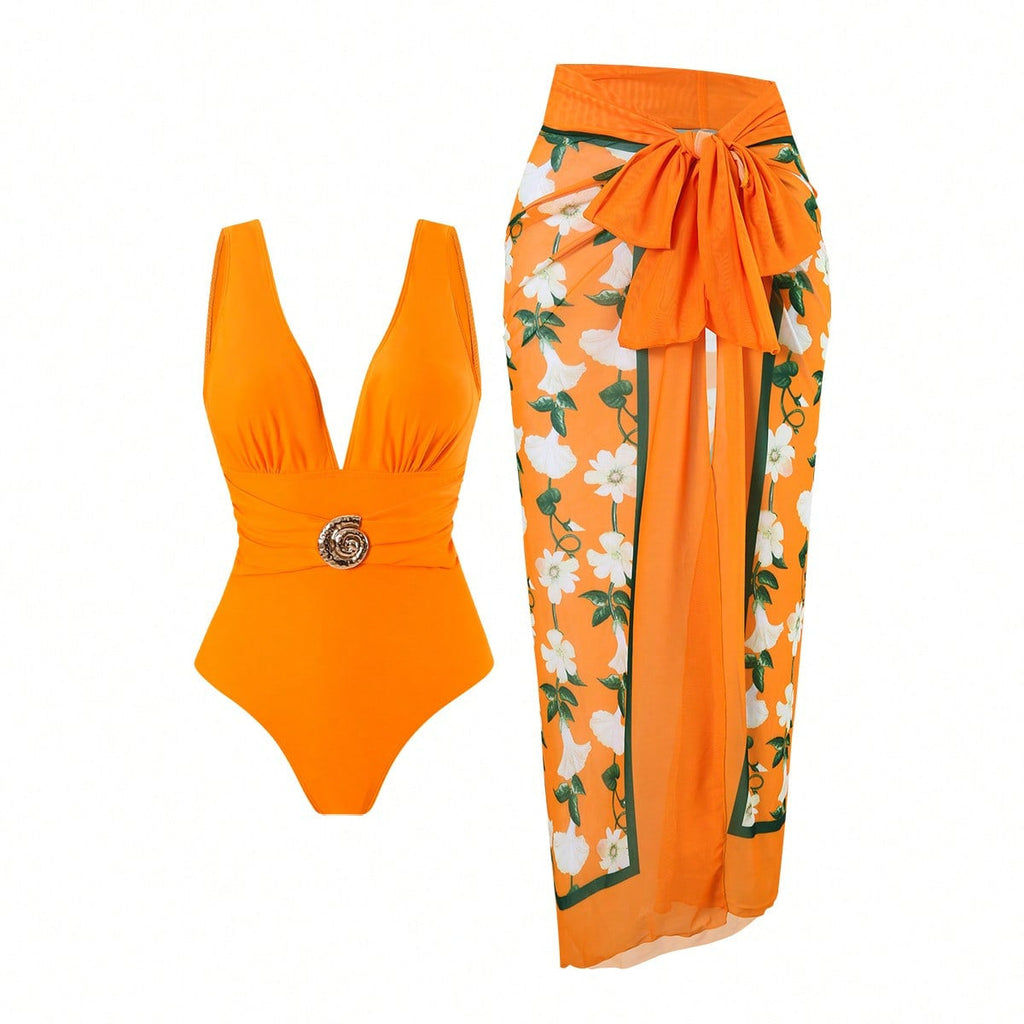 Women's Swimsuit with Feminine Wrap Skirt and Elegant Jewelry Detail