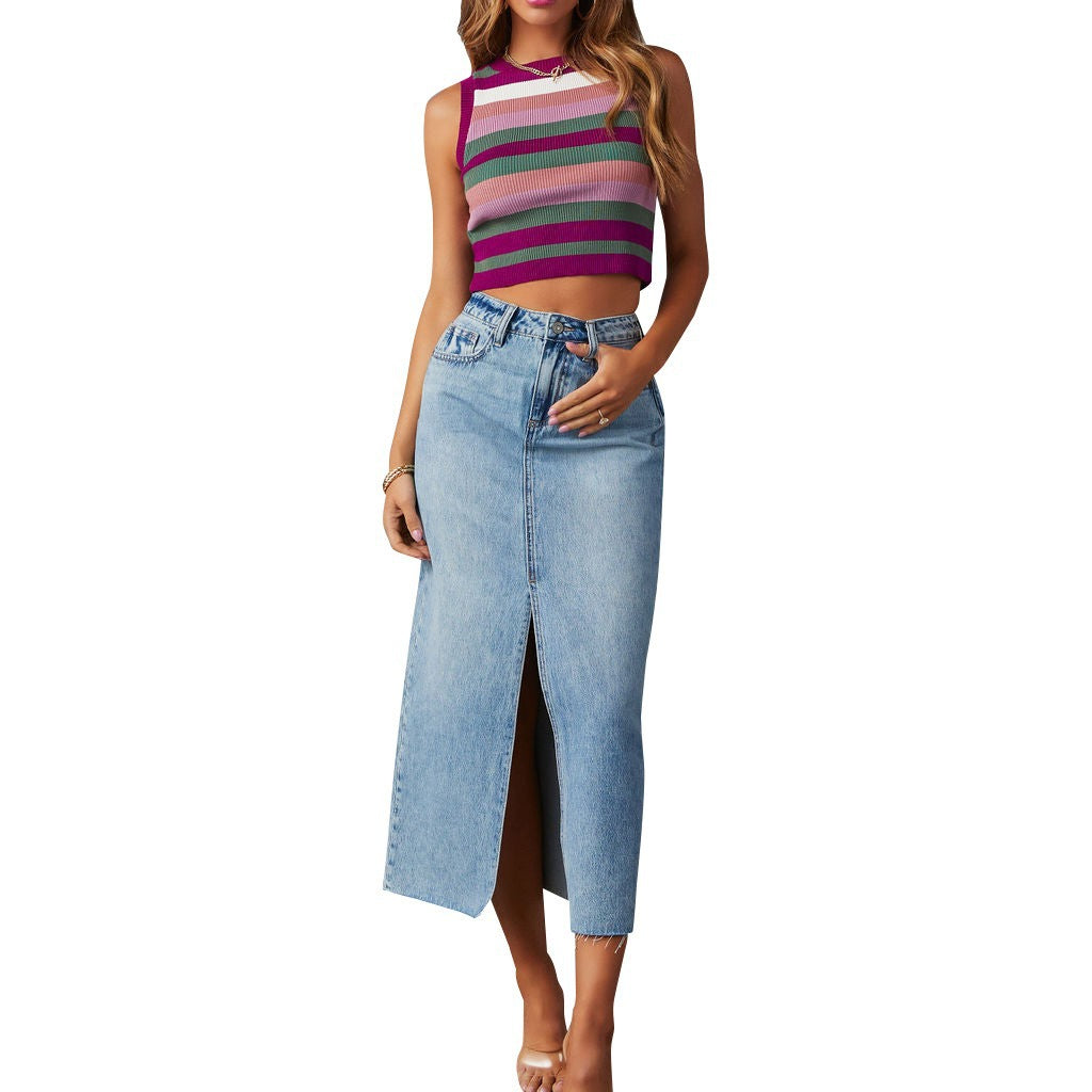 Women's Denim Skirt with Slit and Casual Cut